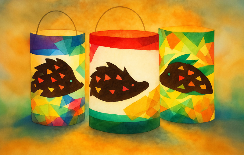 Illustration von drei Laternen mit Igeln und Transparentpapier-Schnipseln in Herbstfarben