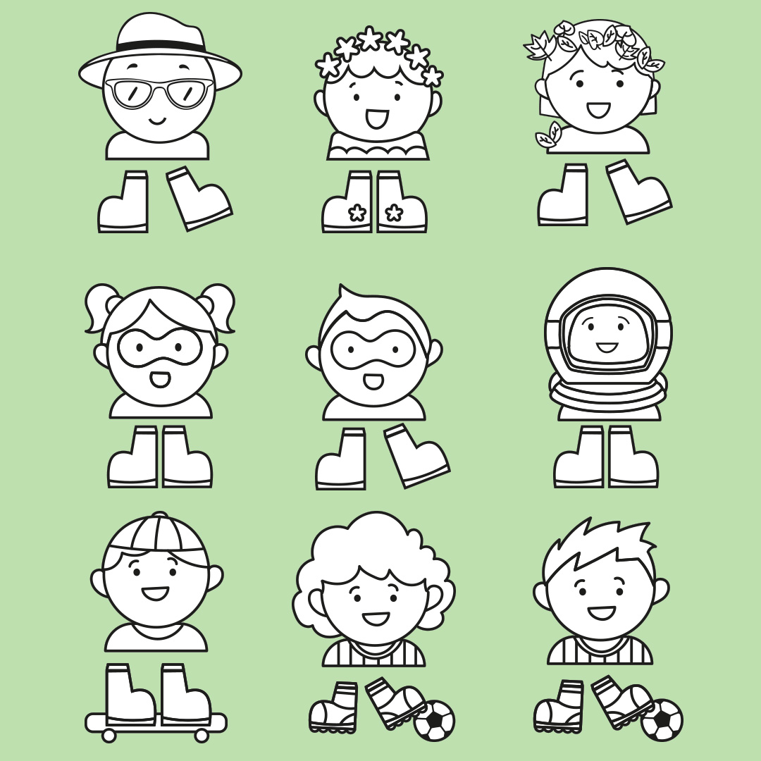 Namensleiter-Motive - 9 von 12 Figuren wie z.B. Blumenkind, Blätterkind, Superhelden, Astronaut, Skater, Fußballer