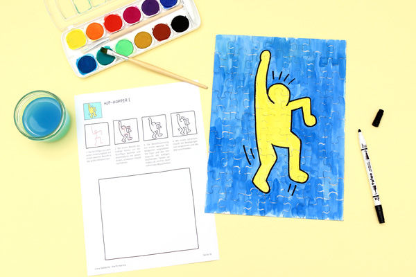 Blanko-Puzzle bemalen mit Keith Haring Figuren
