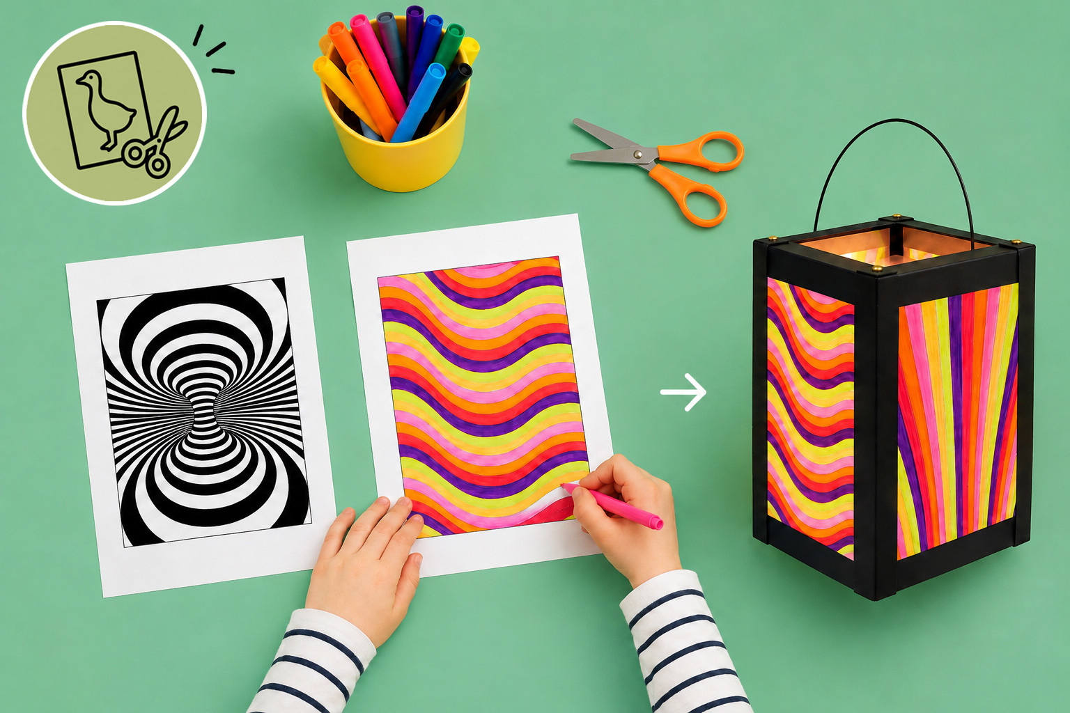 Ein Kind malt eine Laternen-Vorlage mit optischen Illusionen bunt aus