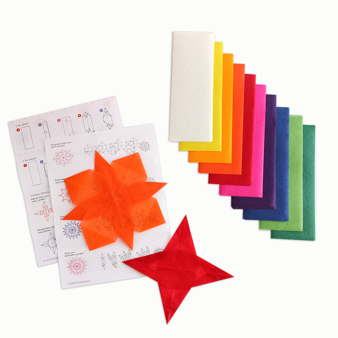 Packungsinhalt: 500 Transparentpapier-Zuschnitte für Fenstersterne in 10 Farben + Anleitung