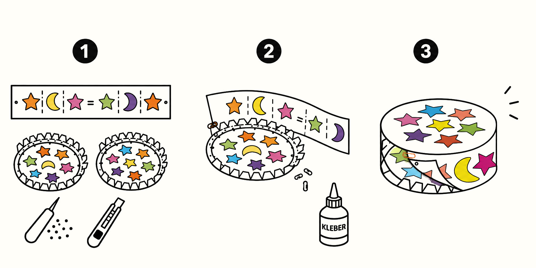 So bastelst du die runde Trommel-Laterne: 1. Seitenteile und Zwischenwand gestalten 2. Zwischenwand mithilfe von Büroklammern an die erste Seite kleben 3. Zweite Seite ankleben