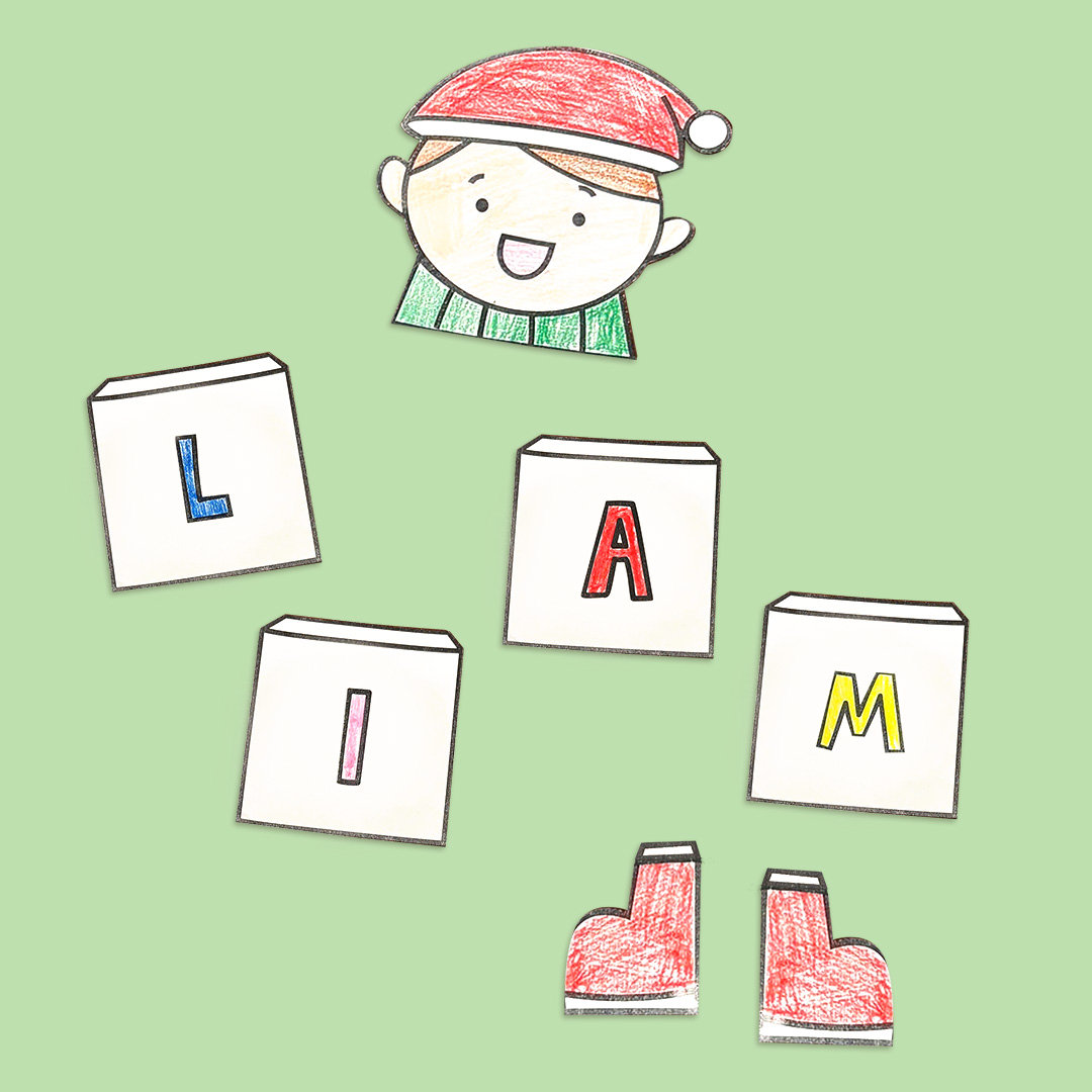 Basteln einer Namensleiter mit Wichtelfigur und Wichtelfüßen für dem Namen Liam