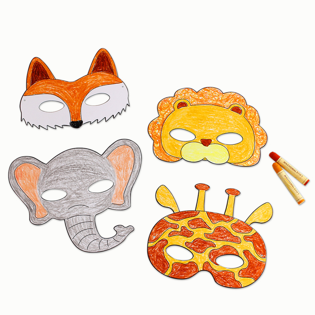 Tier-Masken für Kinder - bunt ausgemalt