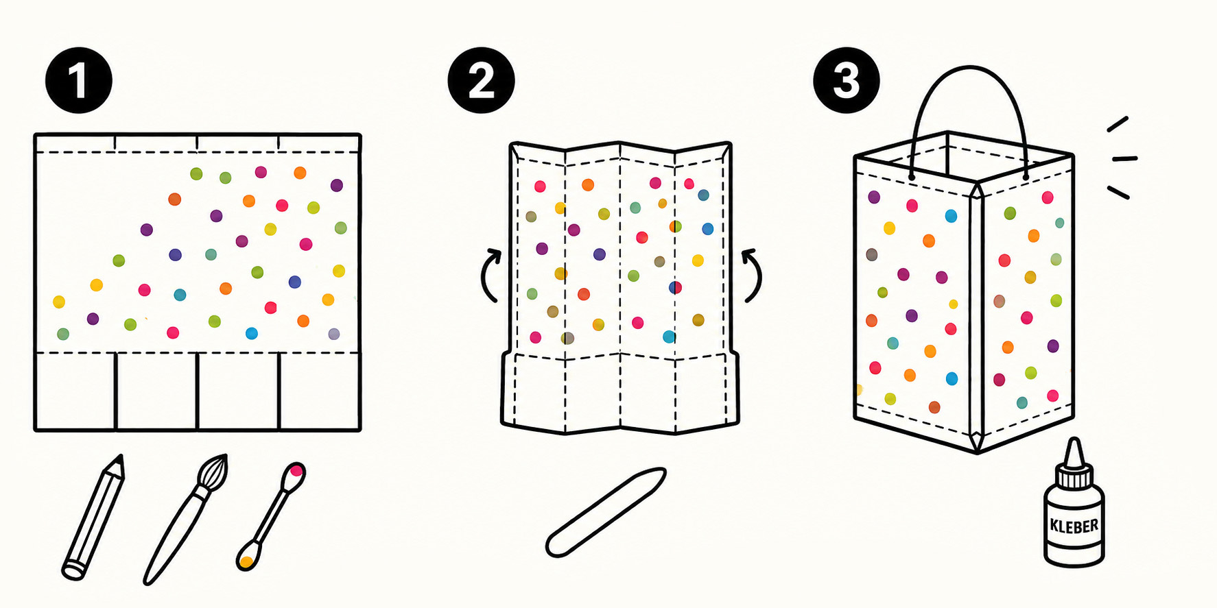 So bastelst du die Pergament-Faltlaterne: 1. Pergamentbogen bemalen, bekleben oder bedrucken 2. Bogen falten 3. Laternen zusammenkleben