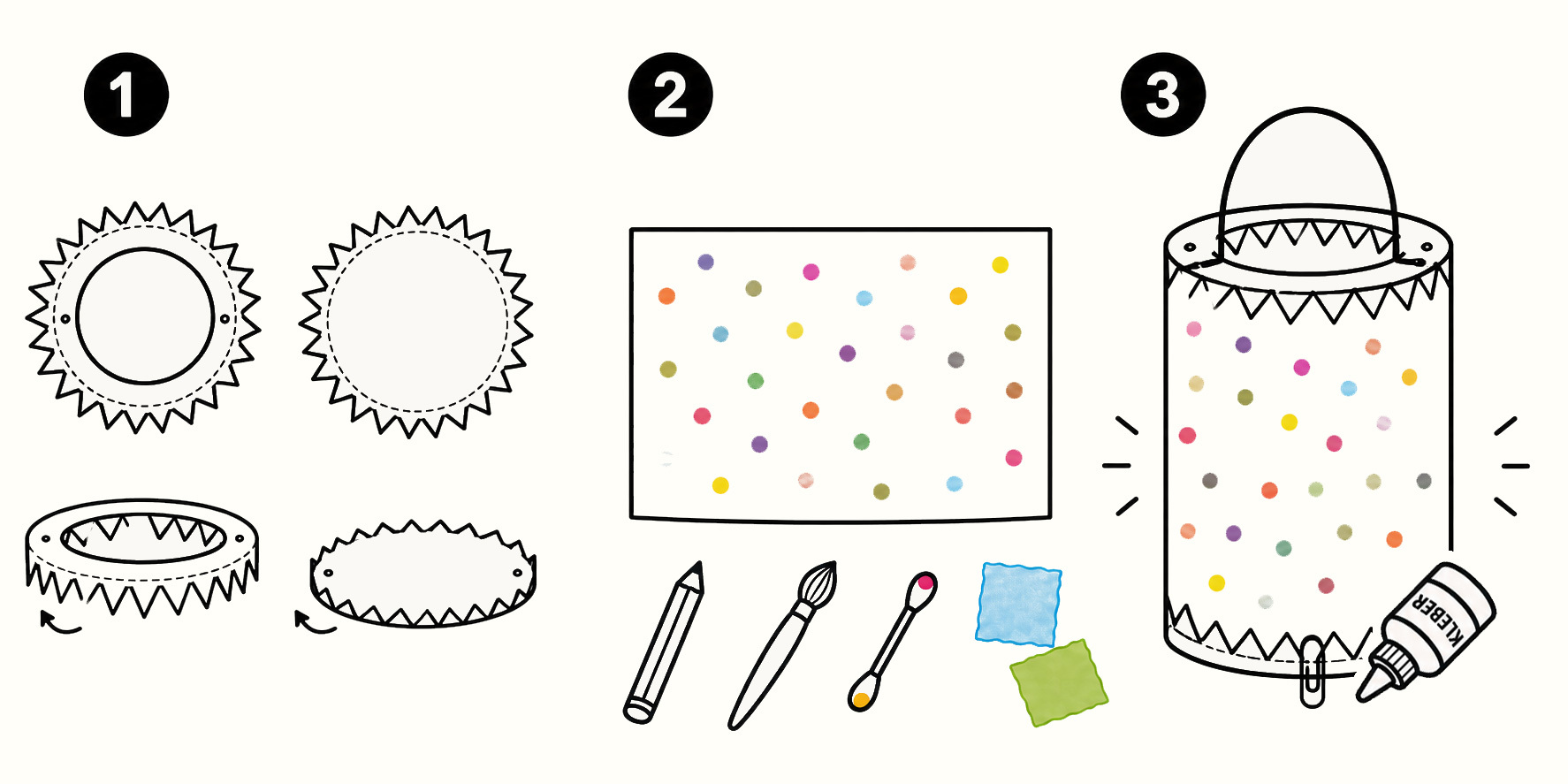 So bastelst du die Pergament-Laterne: 1. Zacken an Boden und Deckel umbiegen 2. Pergamentbogen bemalen, bekleben oder bedrucken 3. Laterne zusammenkleben