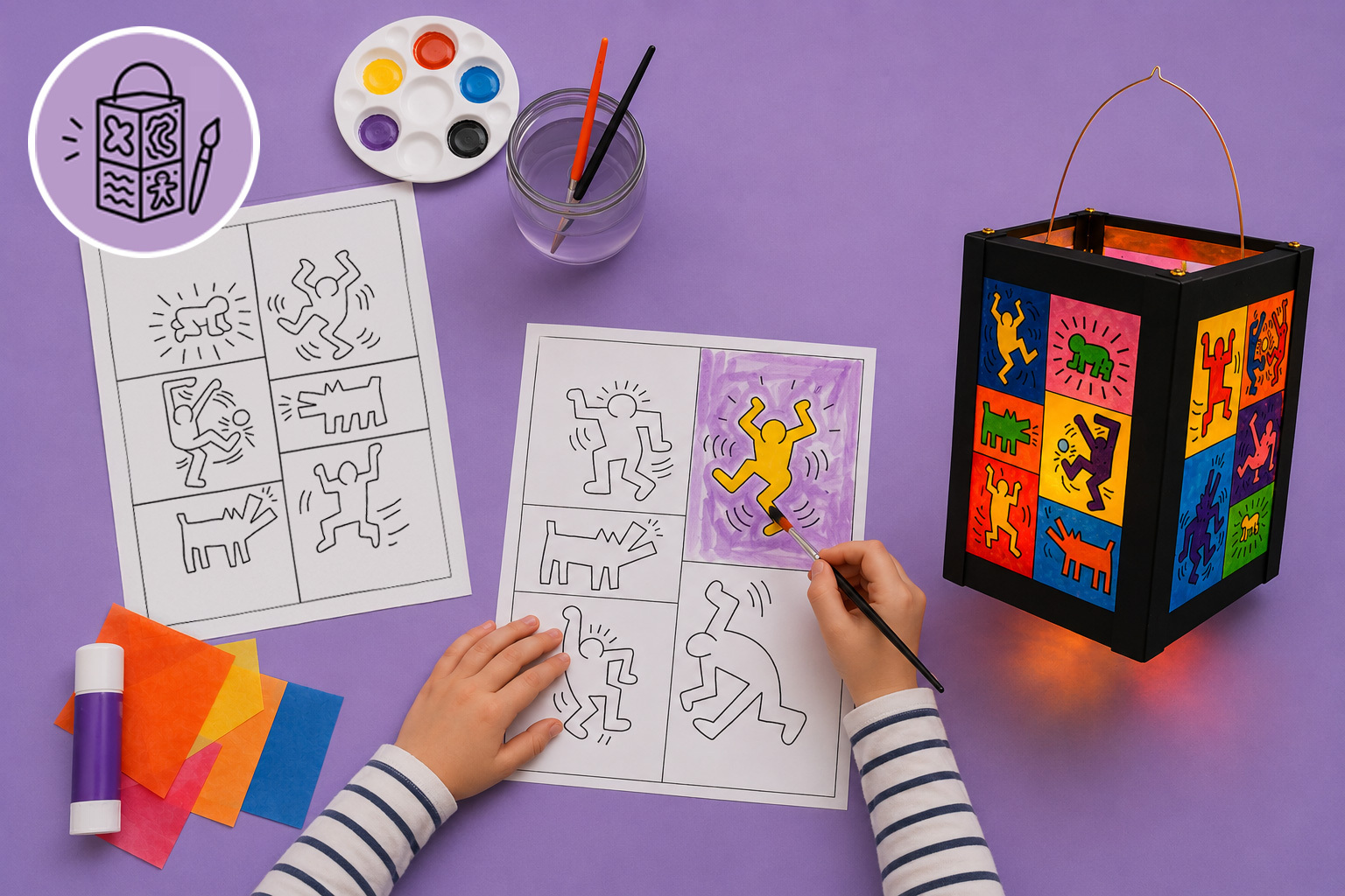 Ein Kind malt tanzende Keith Haring Figuren aus, um damit die Karton-Laterne zu gestalten