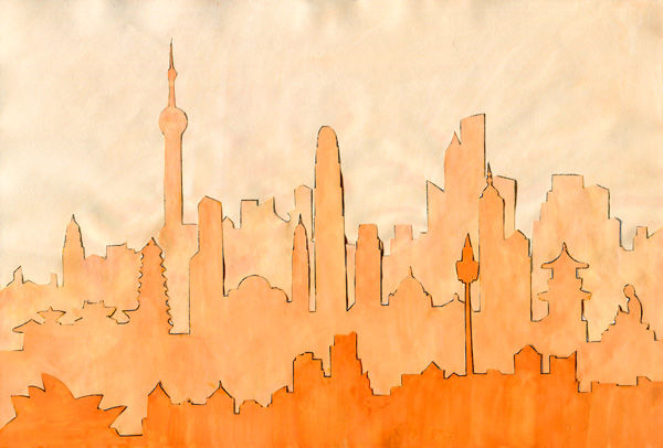 Kunst-Collage aus mehreren Skyline-Silhouetten