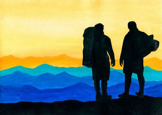 Kunst-Collage - Landschaft und Emotion  mit Backpacker-Silhouetten