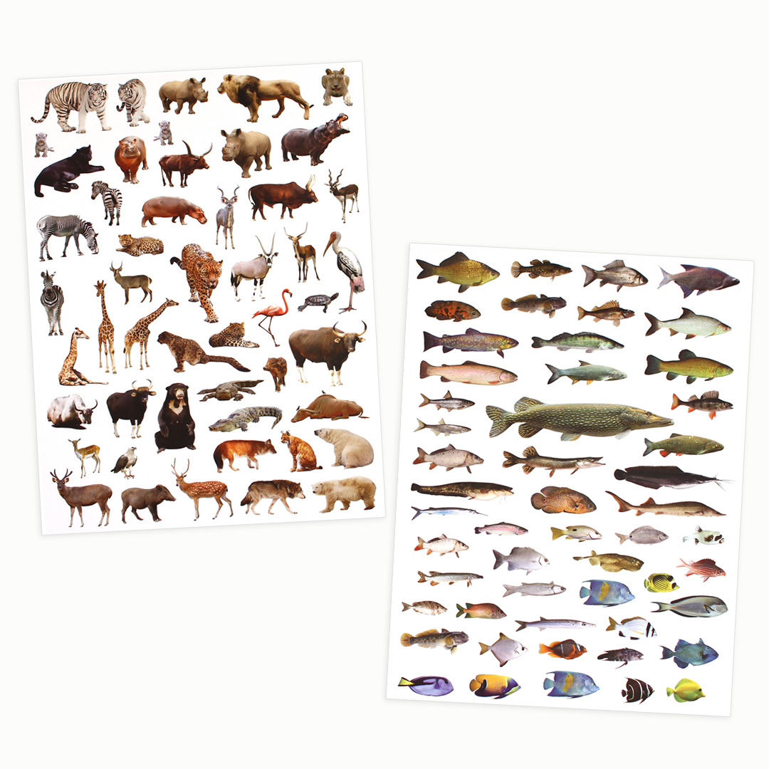 Große Stickerbögen mit wilden Tieren und Fischen
